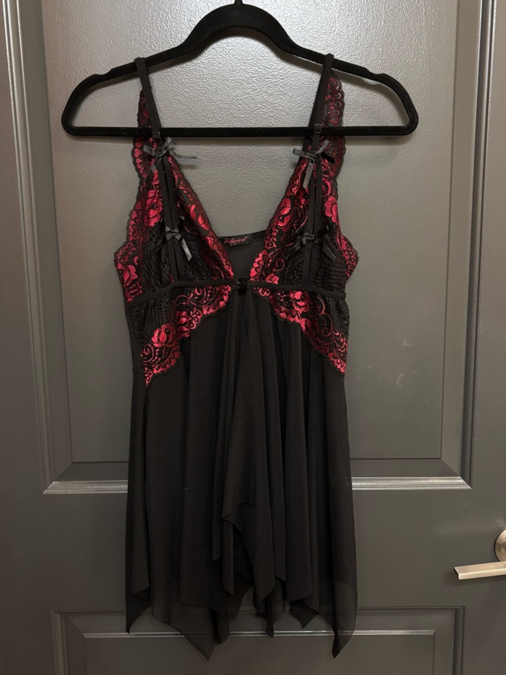 Black and Red Lace Trim Mesh Babydoll Chemise